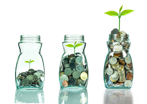 Змішайте монети та насіння у чистій пляшці на білому тлі, концепція інвестиційного зростання бізнесу
 - Фото, зображення