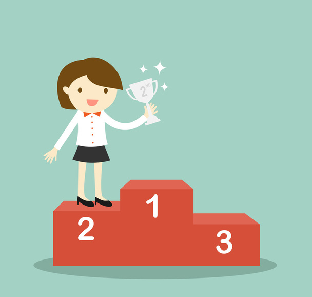 Business concept, business woman standing on 2nd winning podium and holding silver trophy. Vector illustration. - Vector, Image