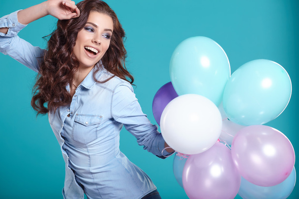 brunette woman with balloons - Photo, image