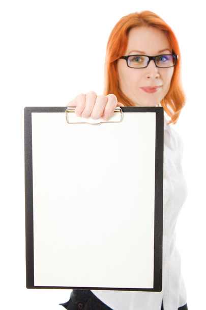 Young businesswoman showing blank signboard. - Zdjęcie, obraz
