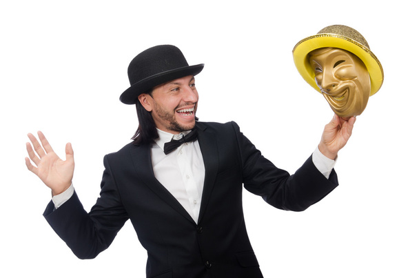 Hombre con máscara de teatro aislado en blanco - Foto, Imagen
