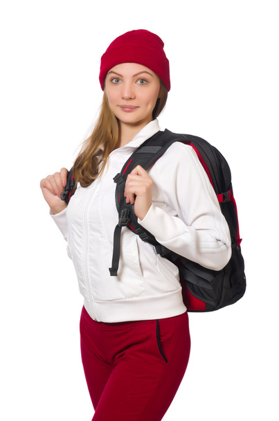 Komik öğrenci üzerinde beyaz izole sırt çantası ile - Fotoğraf, Görsel