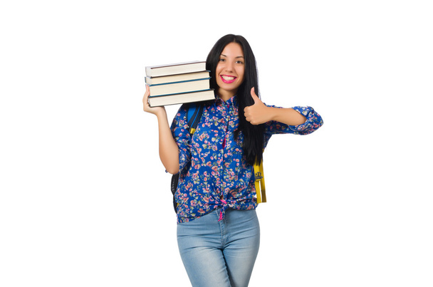 Young female student with books on white - Foto, Imagem
