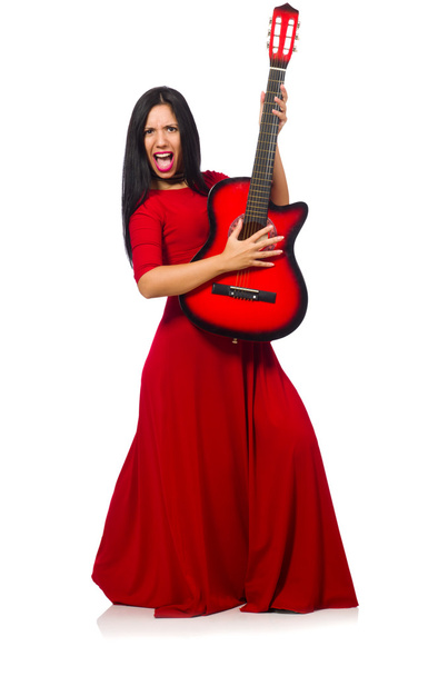 Woman playing guitar isolated on white - Фото, изображение