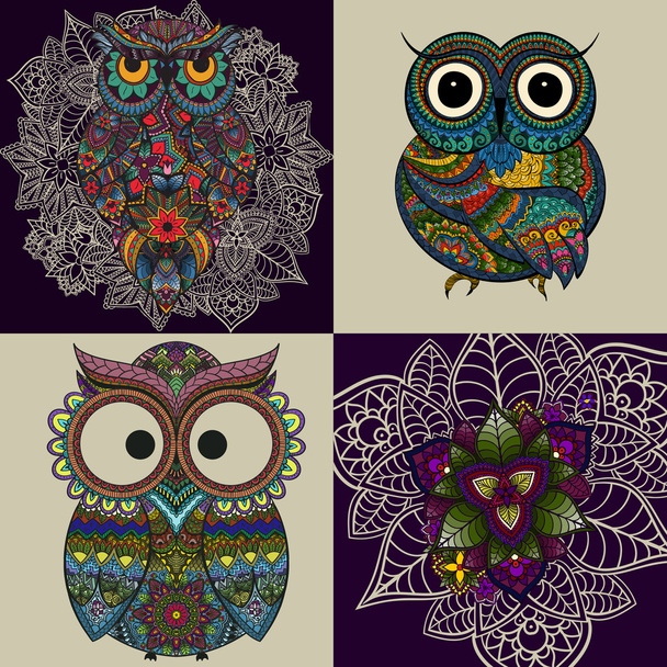 Set from Vector illustration of ornamental owls. Set of Bird illustrated in tribal. Isolated on white - Wektor, obraz