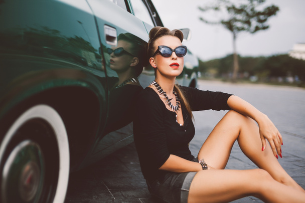 girl   posing near vintage car - Photo, Image
