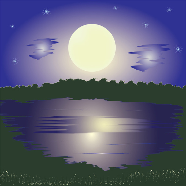 Paysage avec lac, pleine lune, ciel, étoiles et forêt
 - Vecteur, image