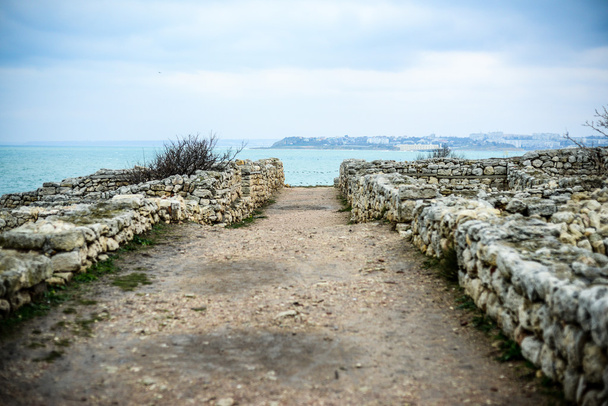 The ruins of the ancient Greek city of Chersonesos in Sevastopol in Crimea on the Black Sea - Photo, image
