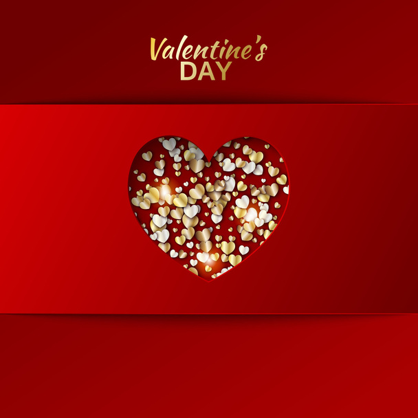Gold hearts valentine day greeting red card - Vector, Image