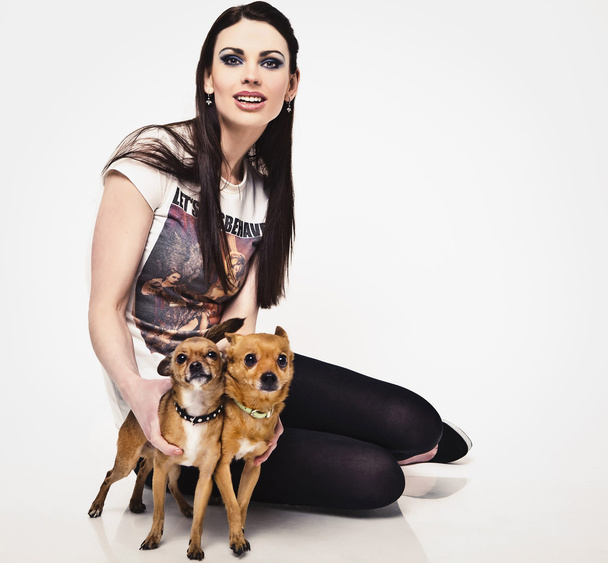 Happy young attractive woman with two dog. - Foto, Imagem
