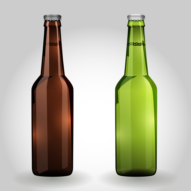 ホワイト バック グラウンド人里に緑と茶色の 2 枚のガラスのビール瓶 - ベクター画像