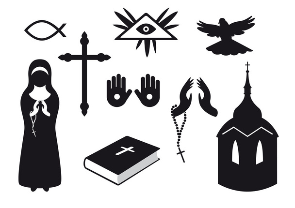 Black and white Christian religious icon set vector - Vector, Image