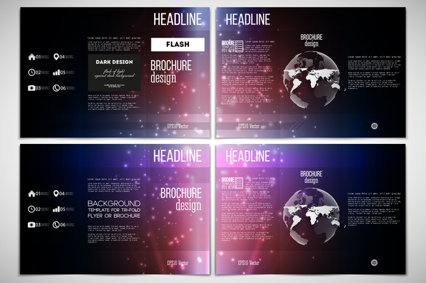 Vector set of tri-fold brochure design template on both sides with world globe element. Flashes against dark background - Вектор, зображення