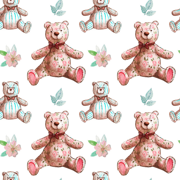 Vintage pattern with teddy bears and flowers - Vektör, Görsel