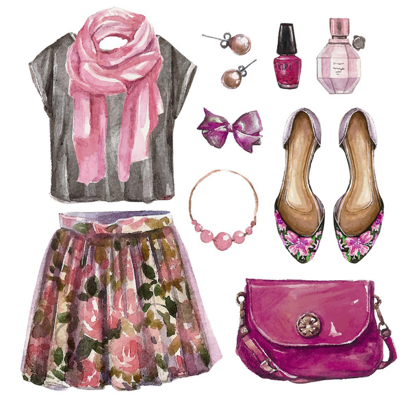 Watercolor collage of girl clothing and accessories - Вектор,изображение
