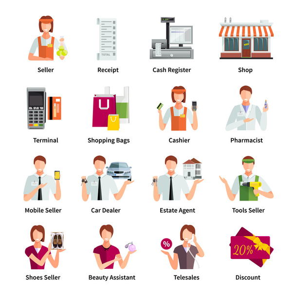 Set di icone a colori piatti del venditore
 - Vettoriali, immagini