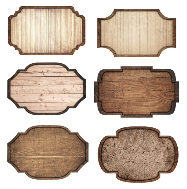Conjunto de letreros de madera marrón, tablones y marcos oscuros están aislados sobre fondo blanco
 - Foto, Imagen