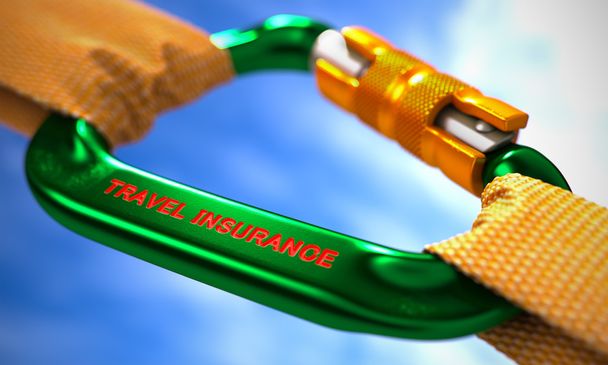 Reiseversicherung auf grünem Karabiner mit orangefarbenem Seil. - Foto, Bild