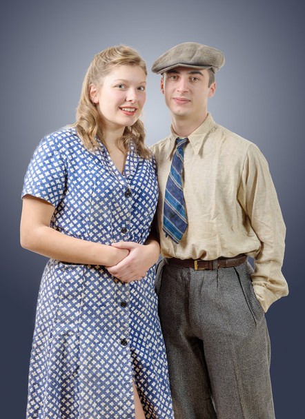 young worker couples in vintage clothing, 40s - Фото, изображение