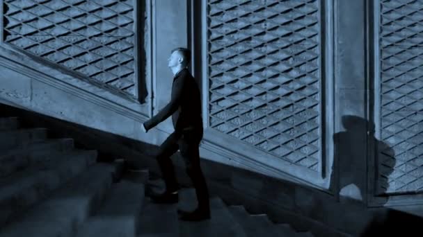 mężczyznę idącego samotnie na schodach w parku - Materiał filmowy, wideo