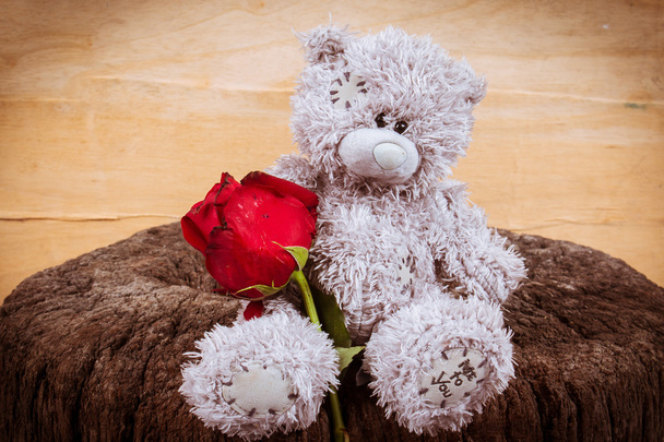 Teddy bear with red rose on wooden background - Fotó, kép