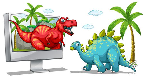 Computer screen with two dinosaurs - Vector, Image