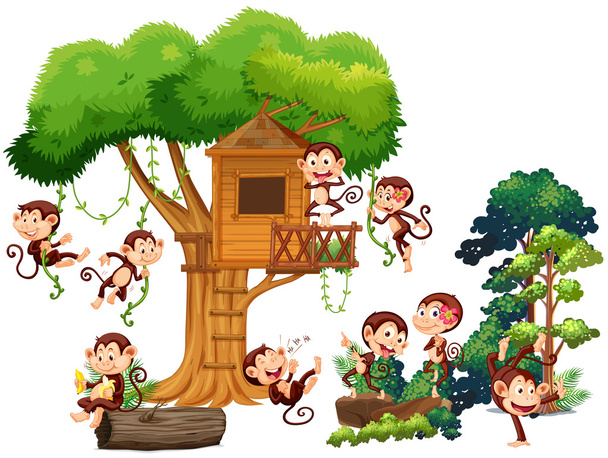 Monkeys playing and climbing up the treehouse - Vector, Image