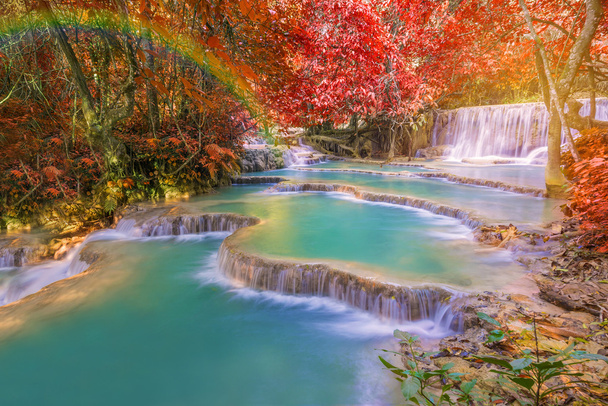 Waterfall in rain forest (Tat Kuang Si Waterfalls at Laos.) - Photo, Image