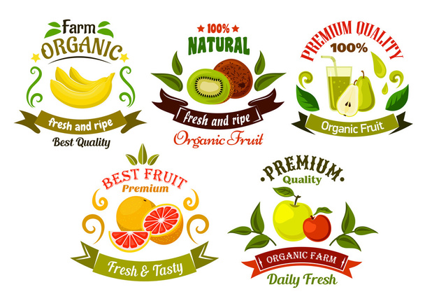 Organic fresh fruits emblems and symbols - Vector, imagen