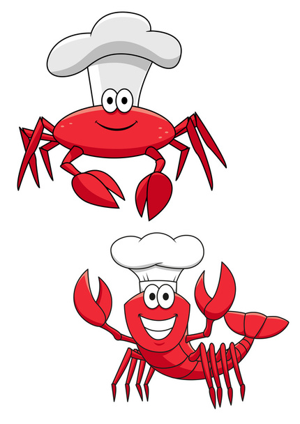 Dessin animé crabe rouge et crevettes chefs dans des chapeaux de cuisine
 - Vecteur, image