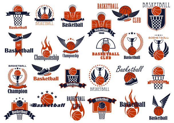 Basketball-Sport-Spiel orange und blaue Symbole - Vektor, Bild