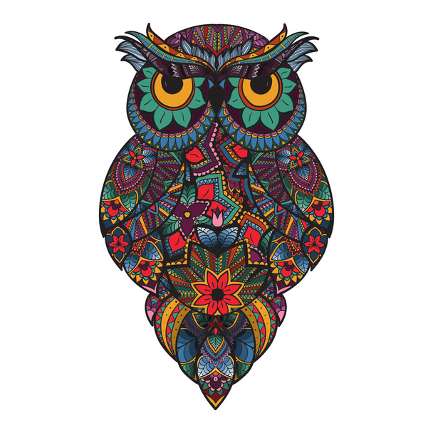 Vector illustration of ornamental owl. Bird illustrated in tribal. Isolated on white - Vetor, Imagem