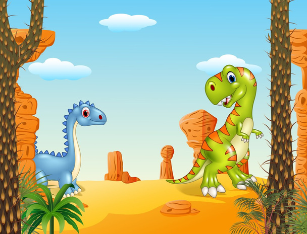 Dibujos animados divertida colección de dinosaurios con fondo prehistórico
 - Vector, Imagen