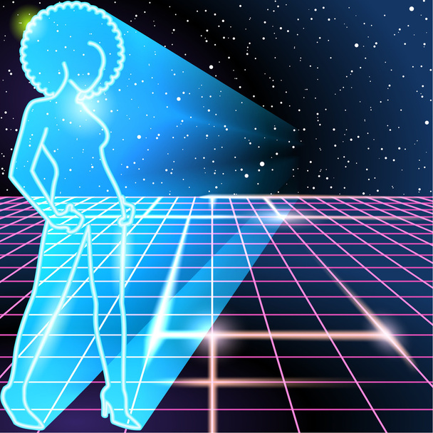 80s background with a neon outline of a woman - Vector, Image