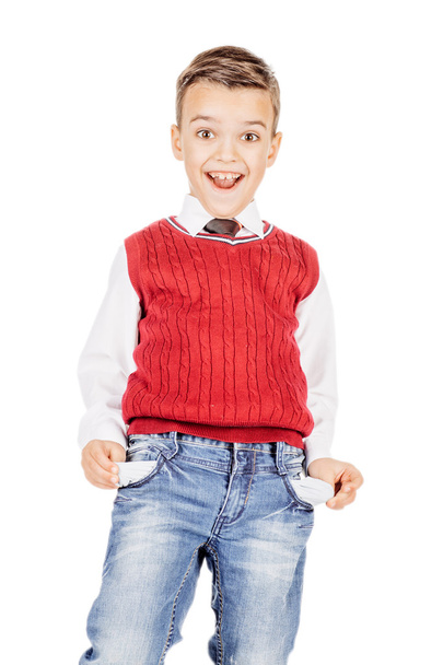 boy  with empty pockets against on white studio background. - Foto, immagini