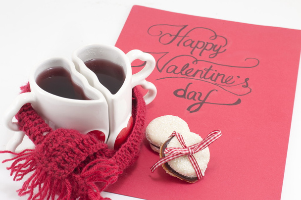 Valentine's day card with tea and cookies - Fotoğraf, Görsel