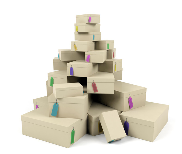 Montón de cajas con etiquetas de precios
 - Foto, Imagen