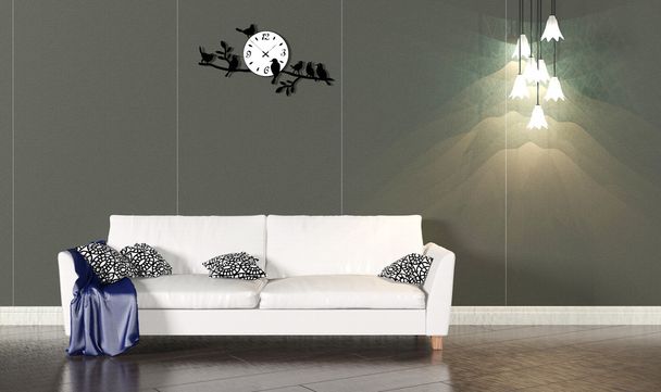 Wohnzimmereinrichtung mit weißem Sofa und dunkler Wand - Foto, Bild