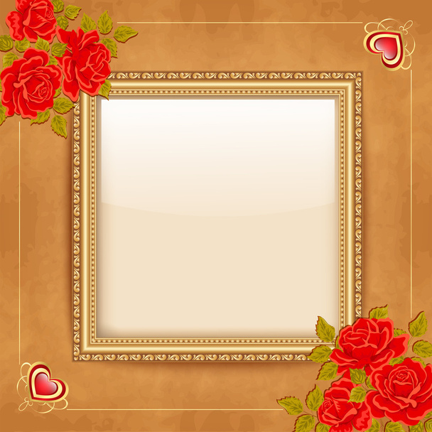 Vintage vector background with a gold frame and red roses. - Διάνυσμα, εικόνα