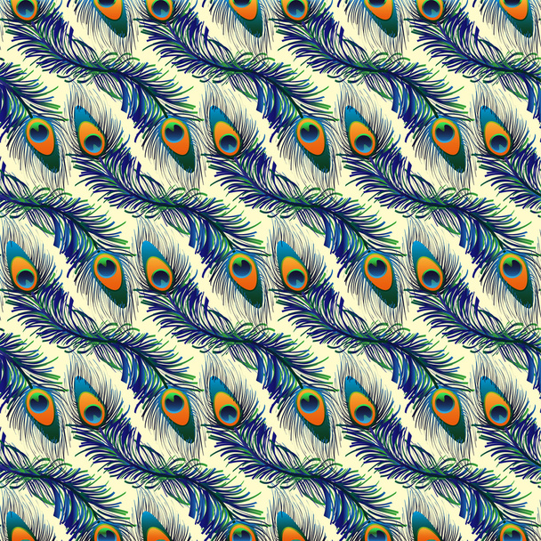 Красивый векторный бесшовный рисунок с павлиньими перьями
.  - Вектор,изображение