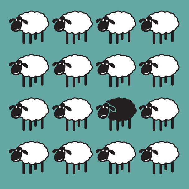 Single black sheep in white sheep group. dissimilar concept - Vector, Image