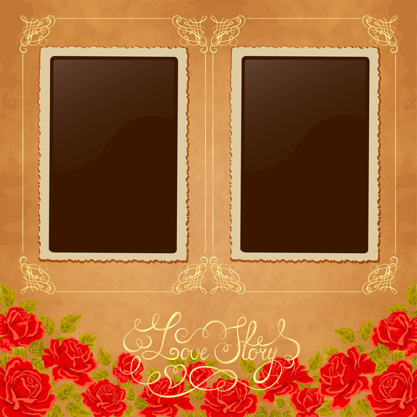 Page of photo album. Vintage background with old paper, photoframe, and red roses. - Vector, Image