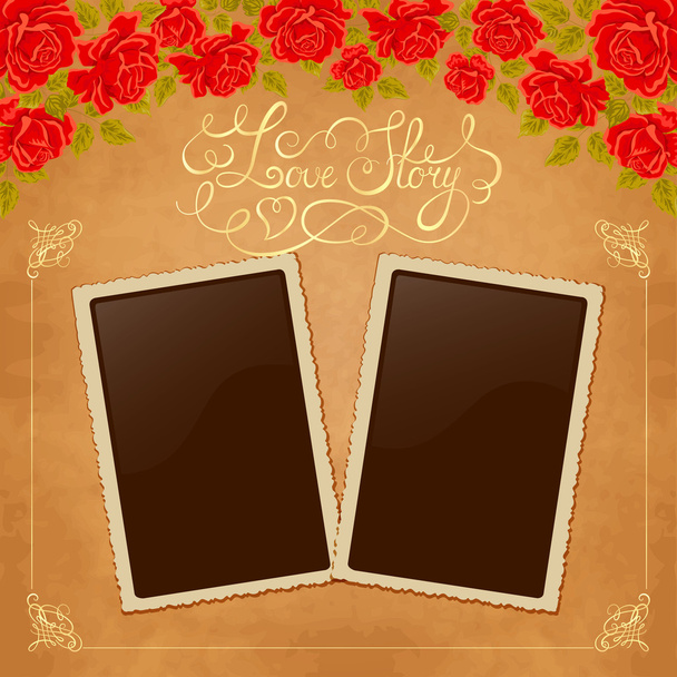 Page of photo album. Vintage background with old paper, photoframe, and red roses. - Διάνυσμα, εικόνα