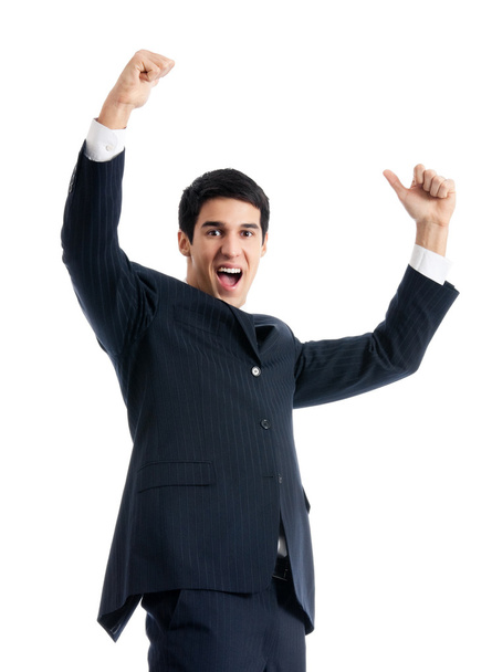 Happy gesturing businessman, isolated - Fotó, kép