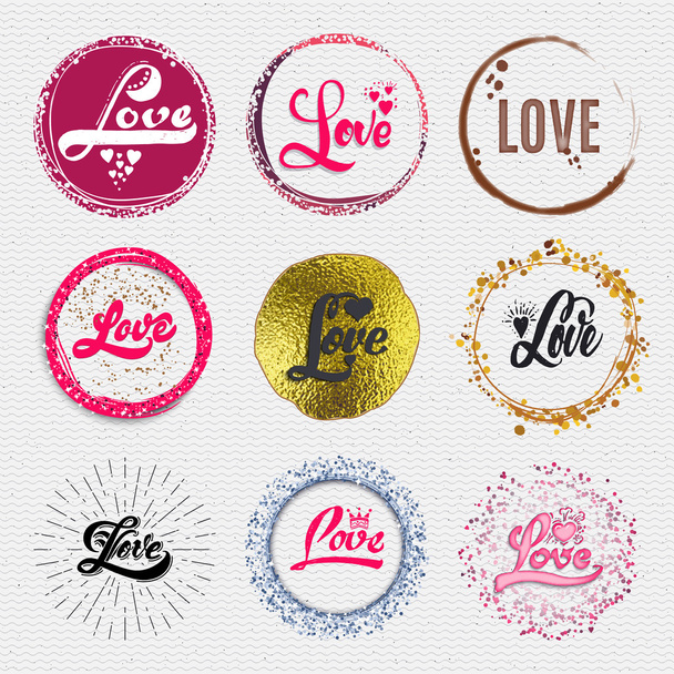 Love - the word as a badge decorated in different part gold, rays, water color, foil, can be used cards, posters, presentations, congratulations - Vector, afbeelding