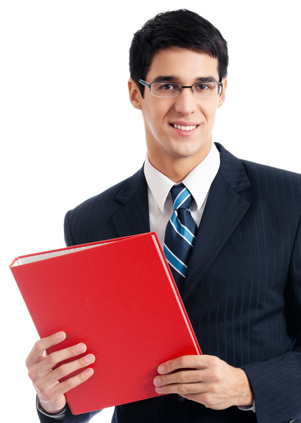 Businessman with red folder, isolated - Fotografie, Obrázek