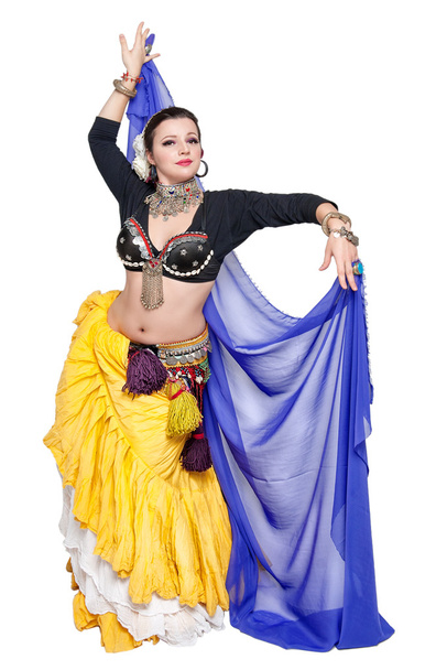 Beautiful exotic belly tribal dancer with blue shawl woman - Photo, Image
