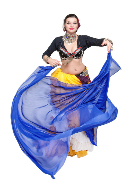 Beautiful exotic belly tribal dancer with blue shawl woman  - Фото, изображение