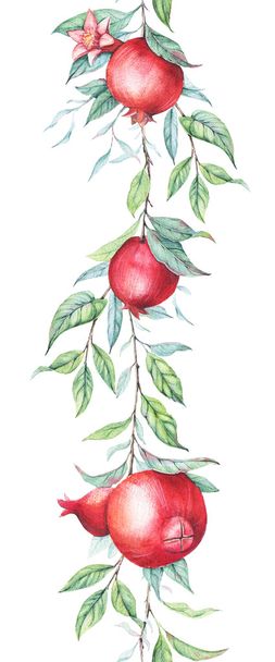 Hand drawn seamless border  watercolor botanical illustration of pomegranate branch with green leaves isolated on white. - Fotó, kép