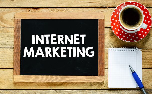 internet marketing  on Blackboard with coffee - Photo, Image